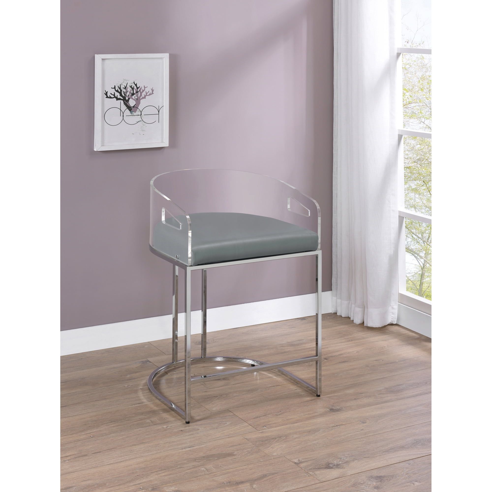 Transitional Thermosolis Counter Stools with Acrylic Back, Grey and Chrome