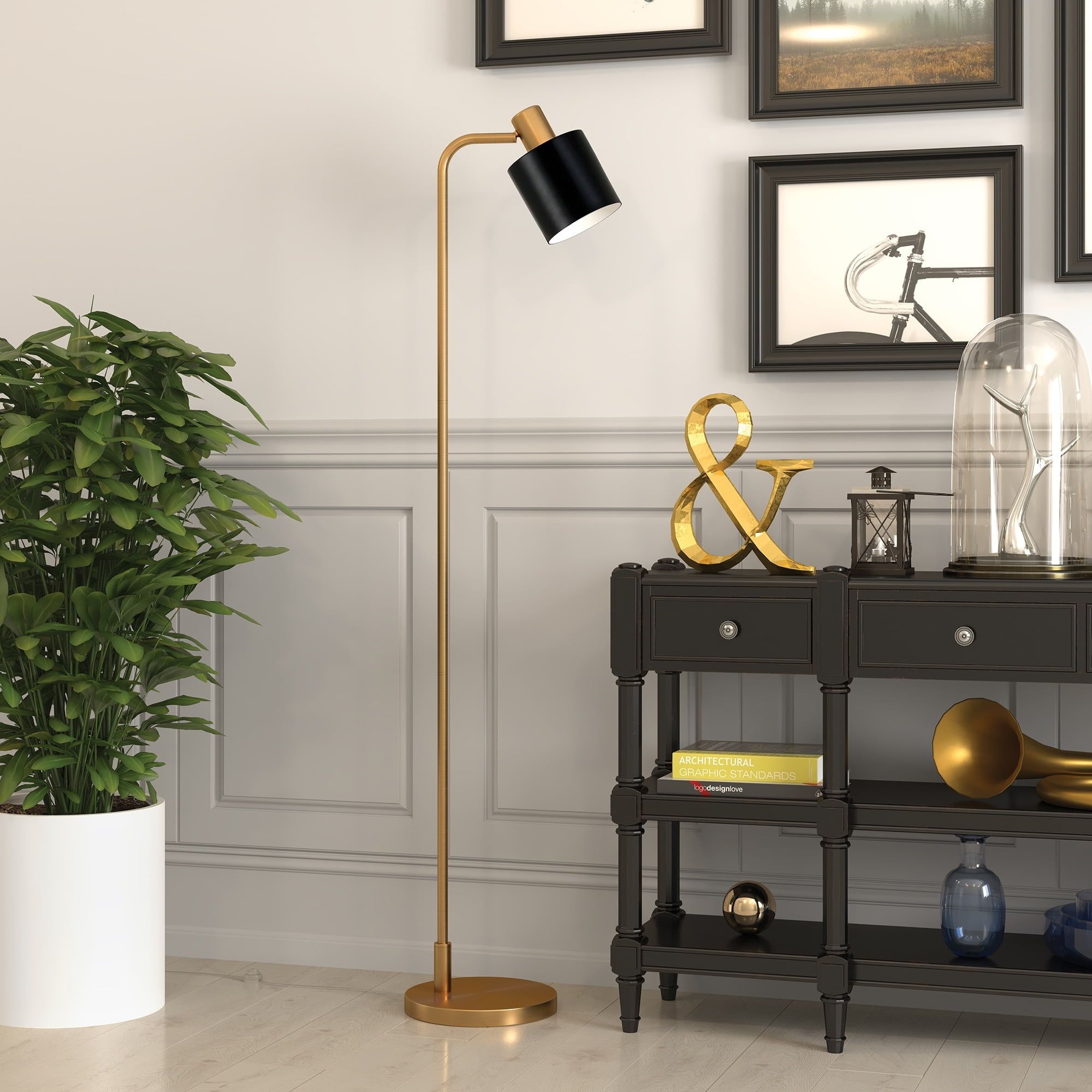 Sleek Mid-Century 65'' Black and Brass Metal Floor Lamp