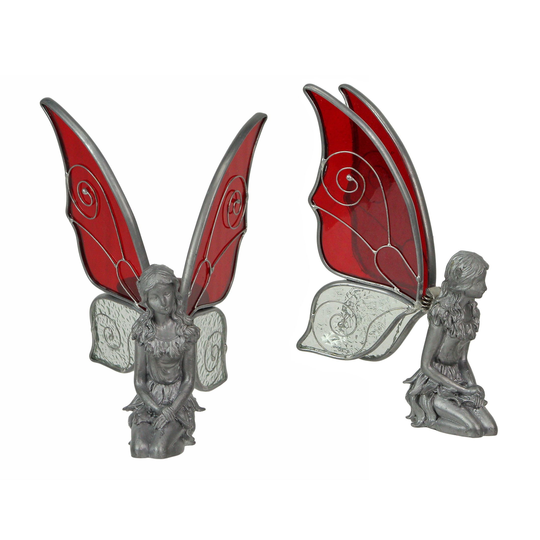 Set of 2 Pewter Fairies with Red and Clear Stained Glass Wings