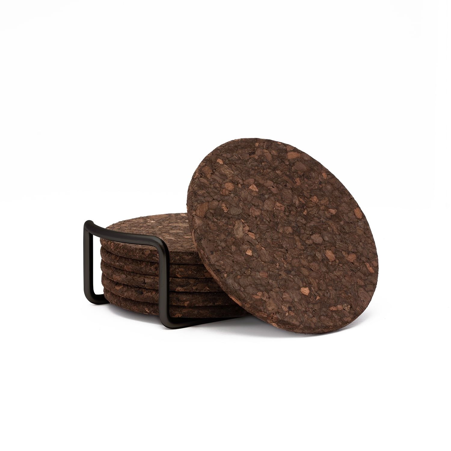 Set of 6 Dark Cork Coasters with Black Holder