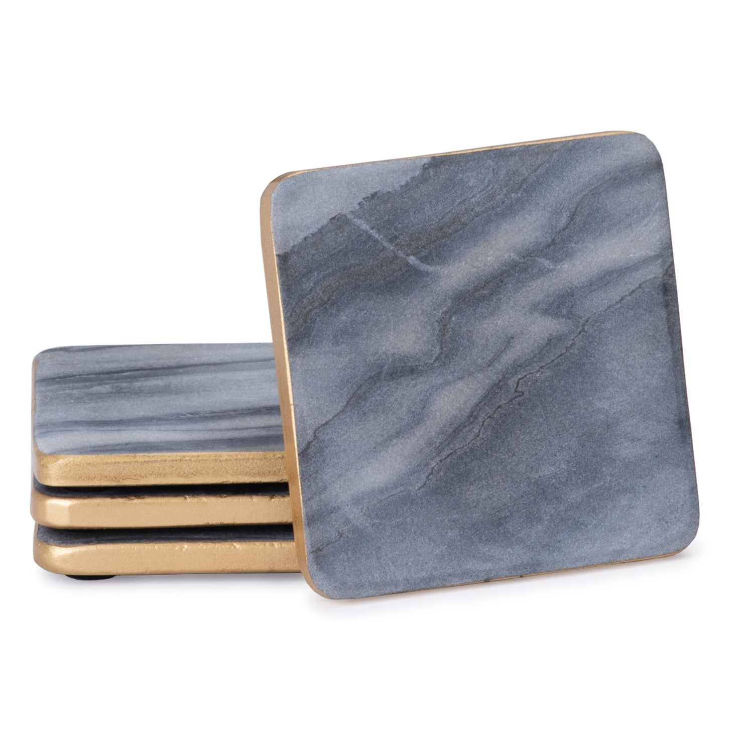 Natural Gray Marble 4" Square Coasters with Gold Edge, Set of 4