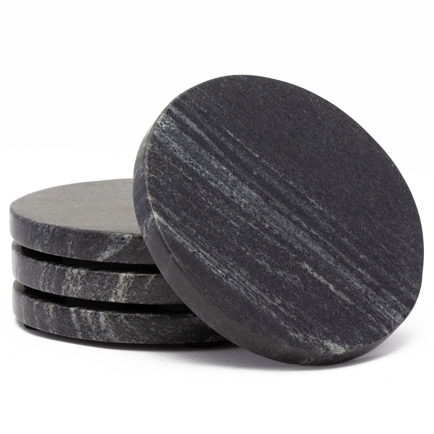 Elegant Black Marble Round Coaster Set, 4-Pack, 4" Diameter