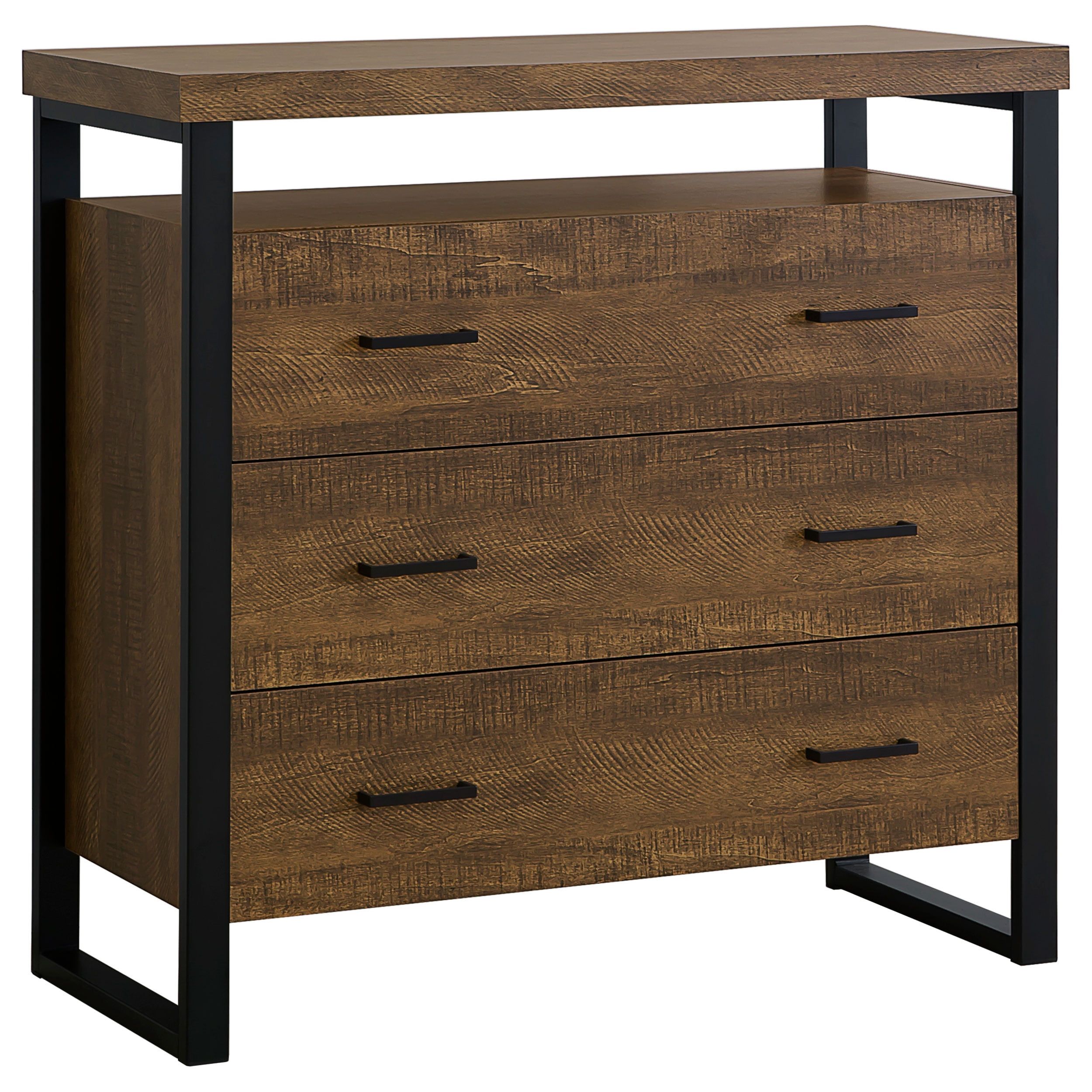 Rustic Amber 3-Drawer Accent Cabinet with Black Frame