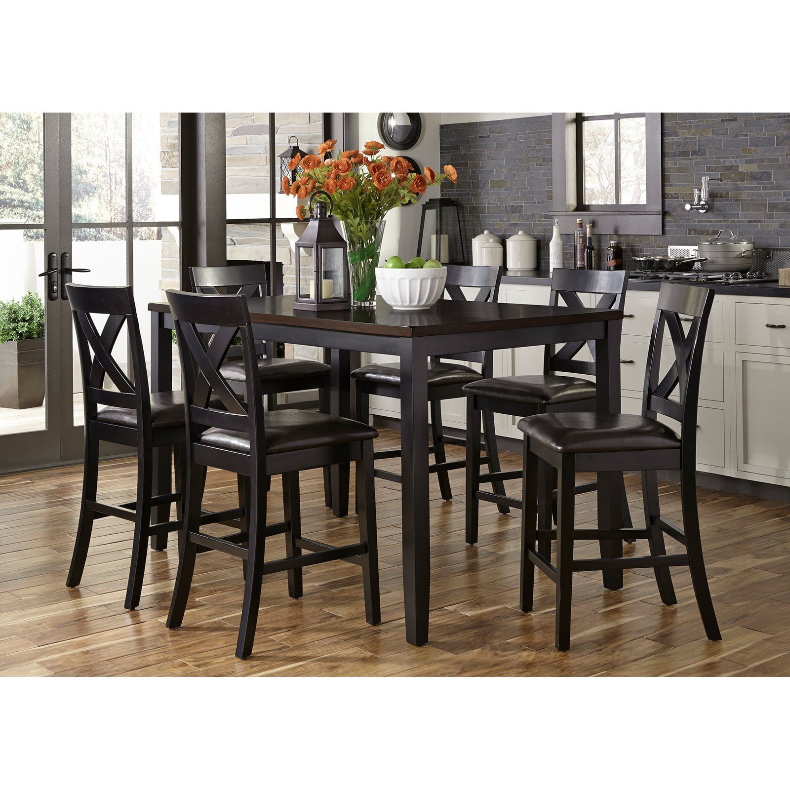 Thornton Black and Brown 7-Piece Rectangular Gathering Table Set