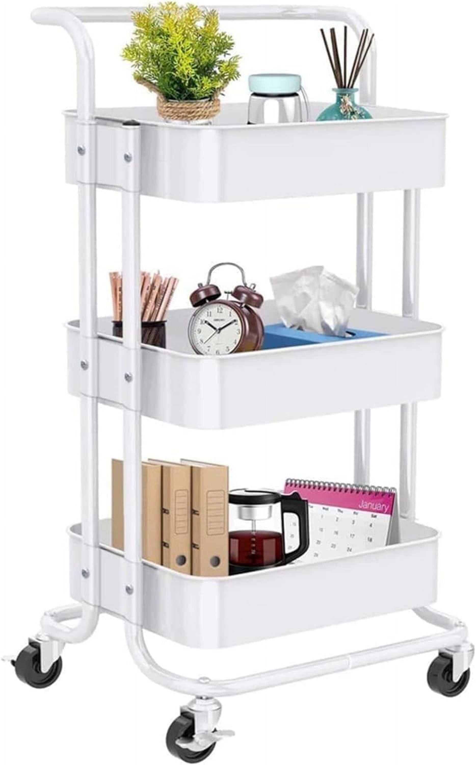 White 3-Tier Metal Rolling Utility Cart with Lockable Wheels