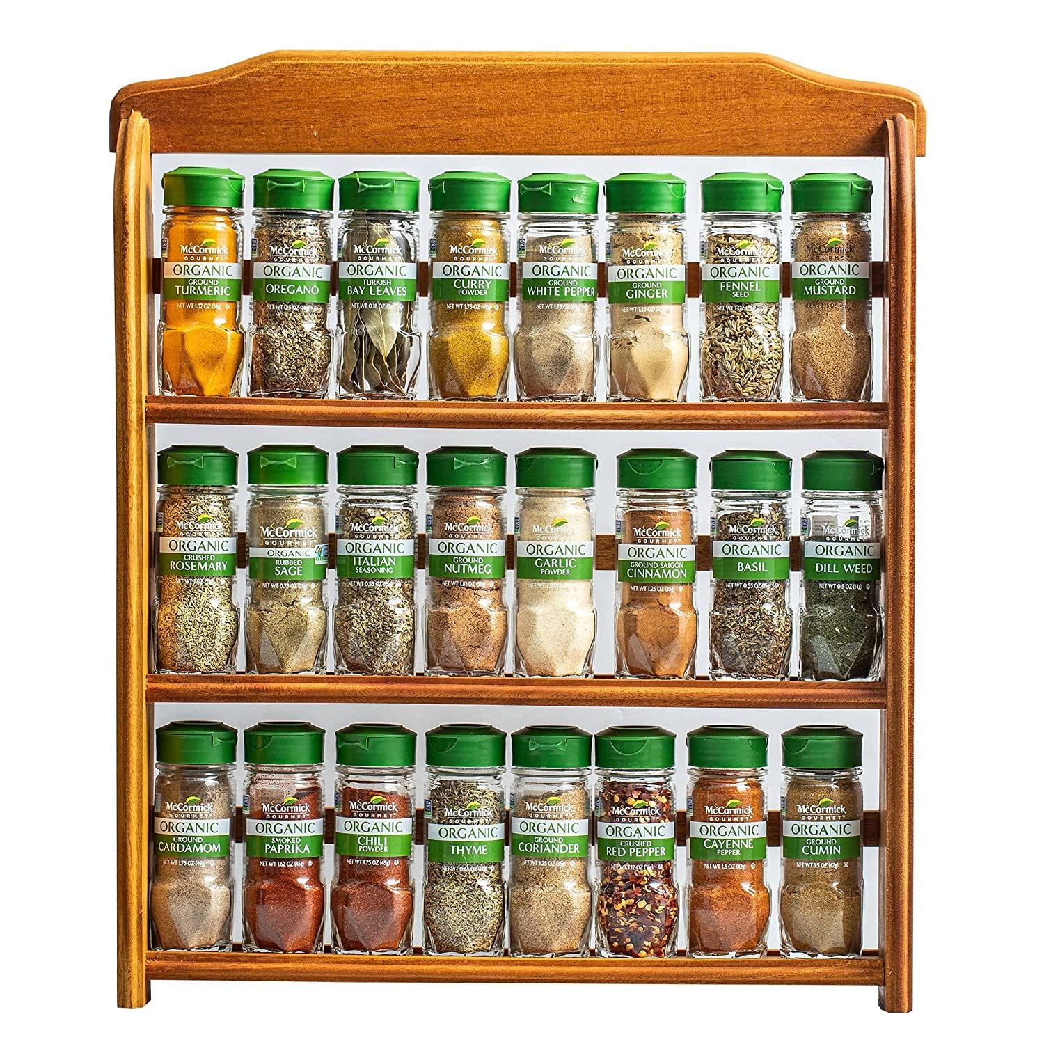 Three-Tier Wooden Spice Rack with 24 Organic Spices