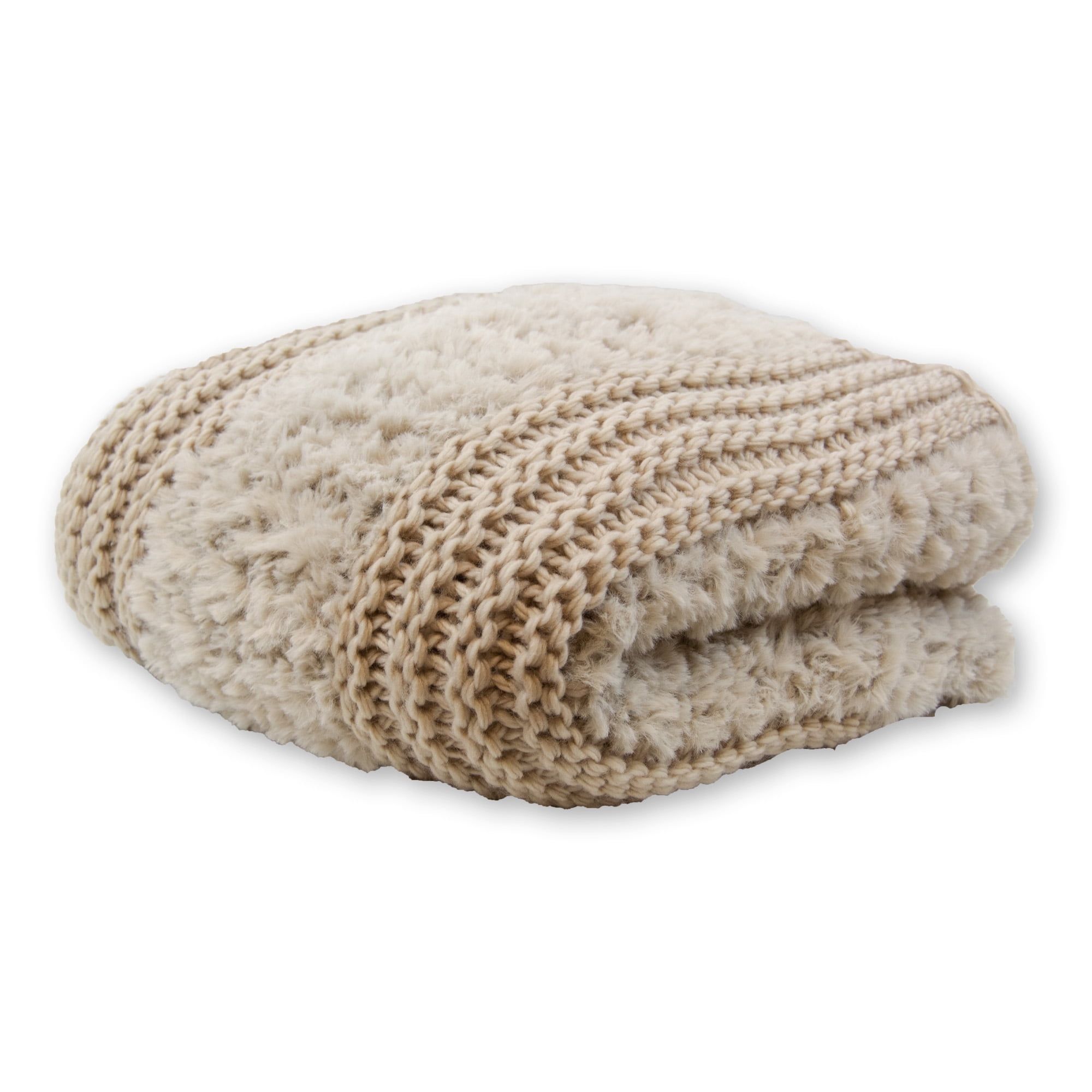 Taupe Plush Faux Fur and Knitted 50" x 60" Reversible Throw