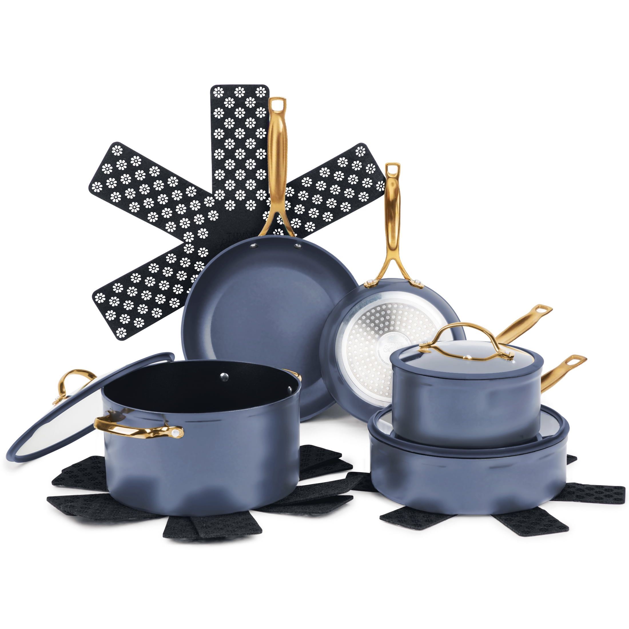 Blue Non-Stick 12-Piece Stainless Steel Cookware Set with Gold Handles