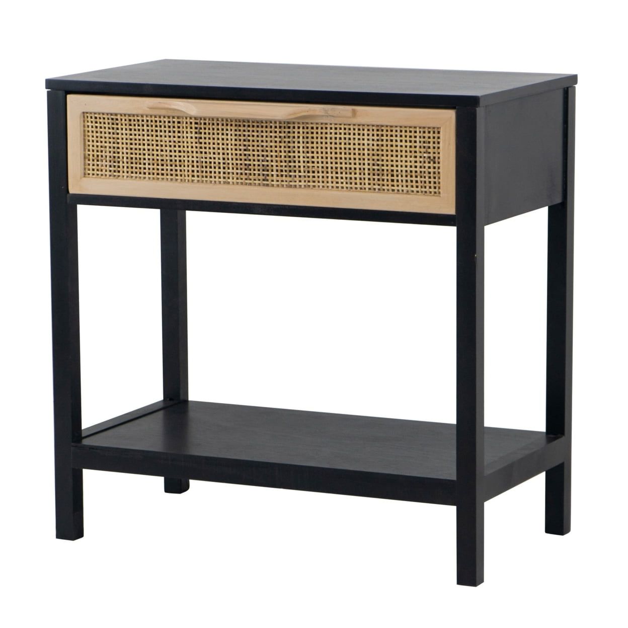 Tia 22 Inch Black Pine Wood Side Table with Rattan Drawer