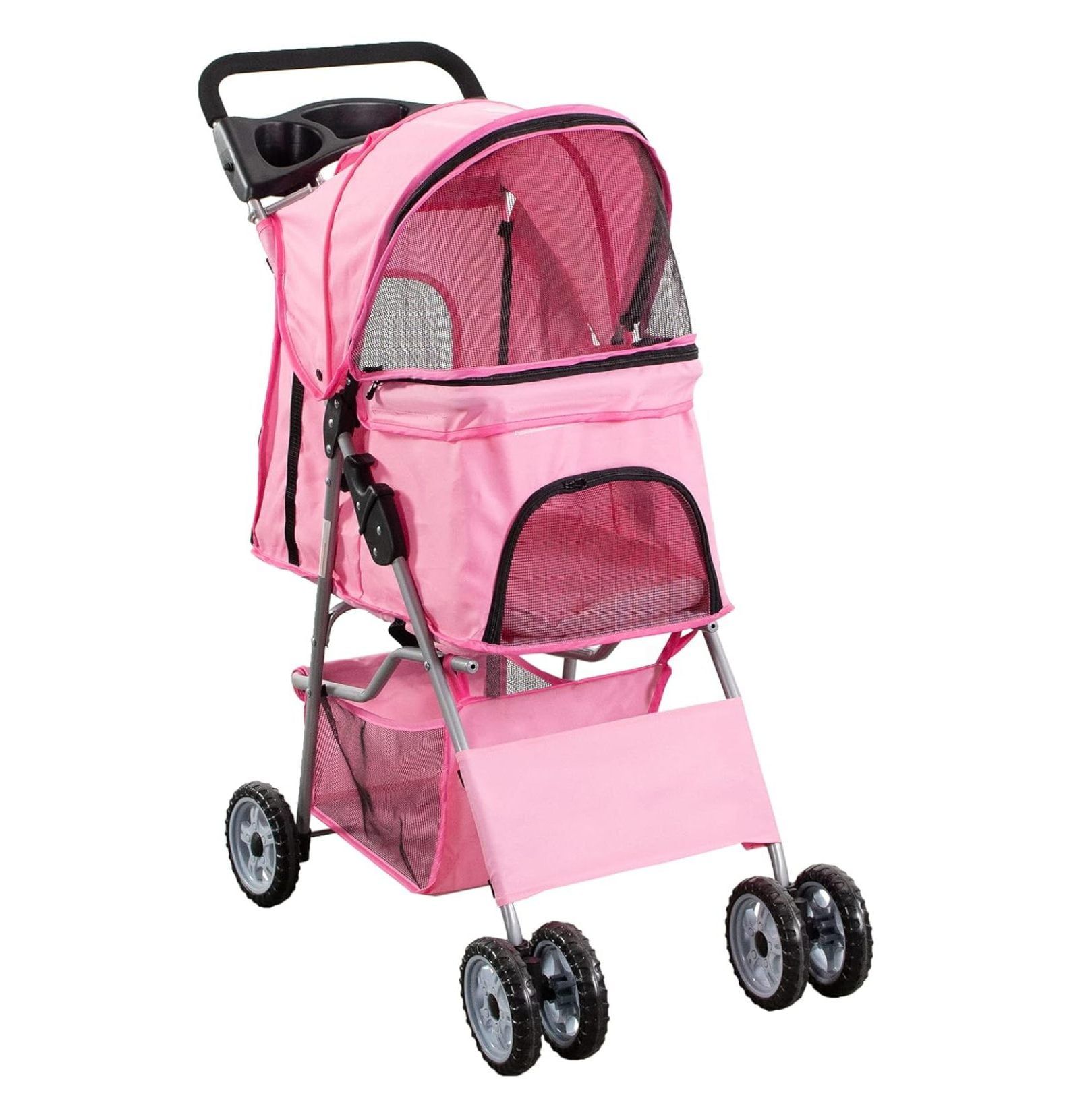 Pink Foldable Metal Pet Stroller with Mesh Windows