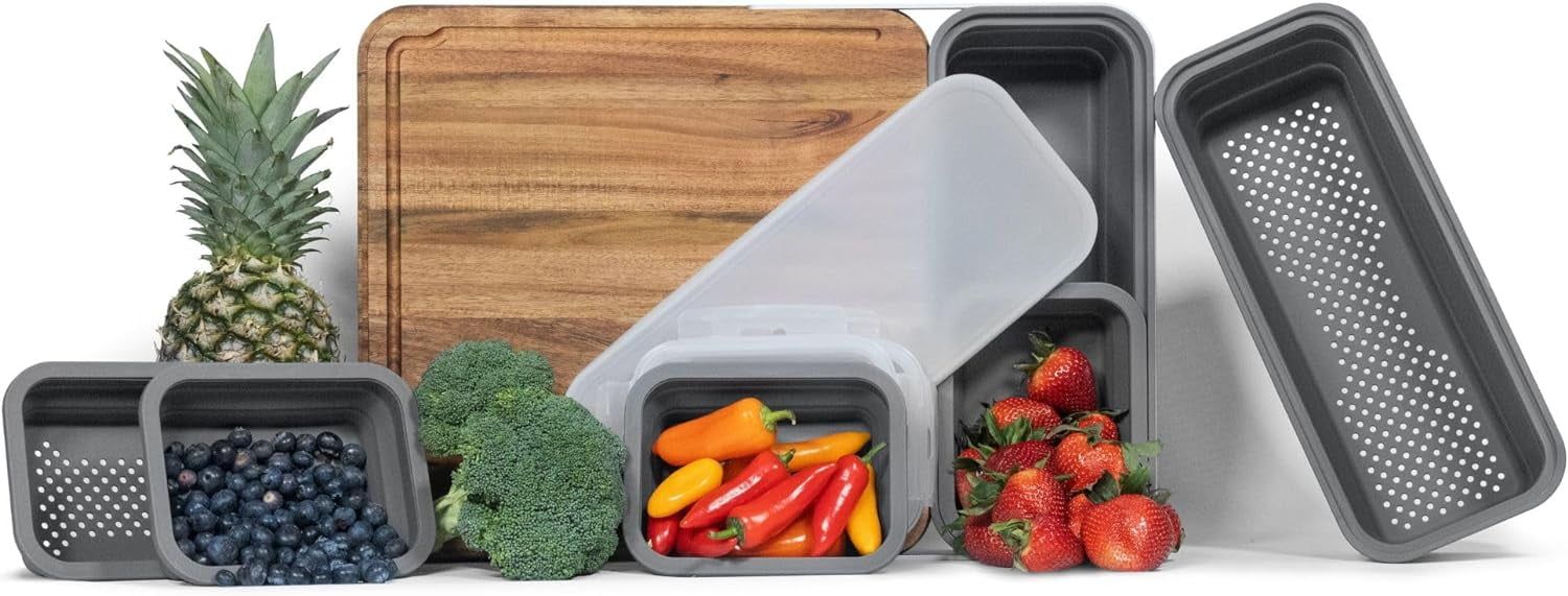 Acacia Wood Meal Prep Cutting Board with Gray Containers