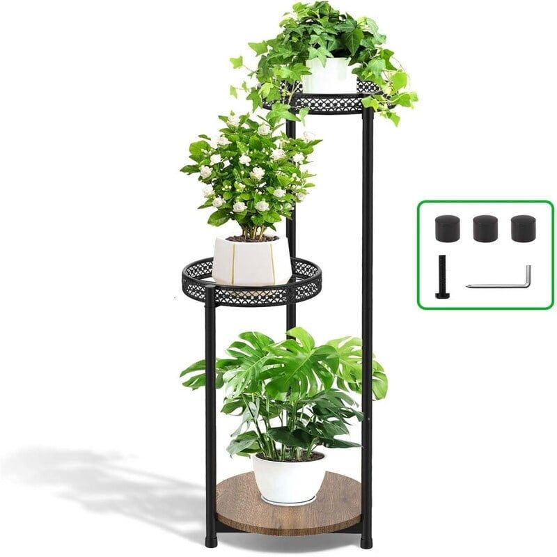 Black 3-Tier Metal and Wood Corner Plant Stand