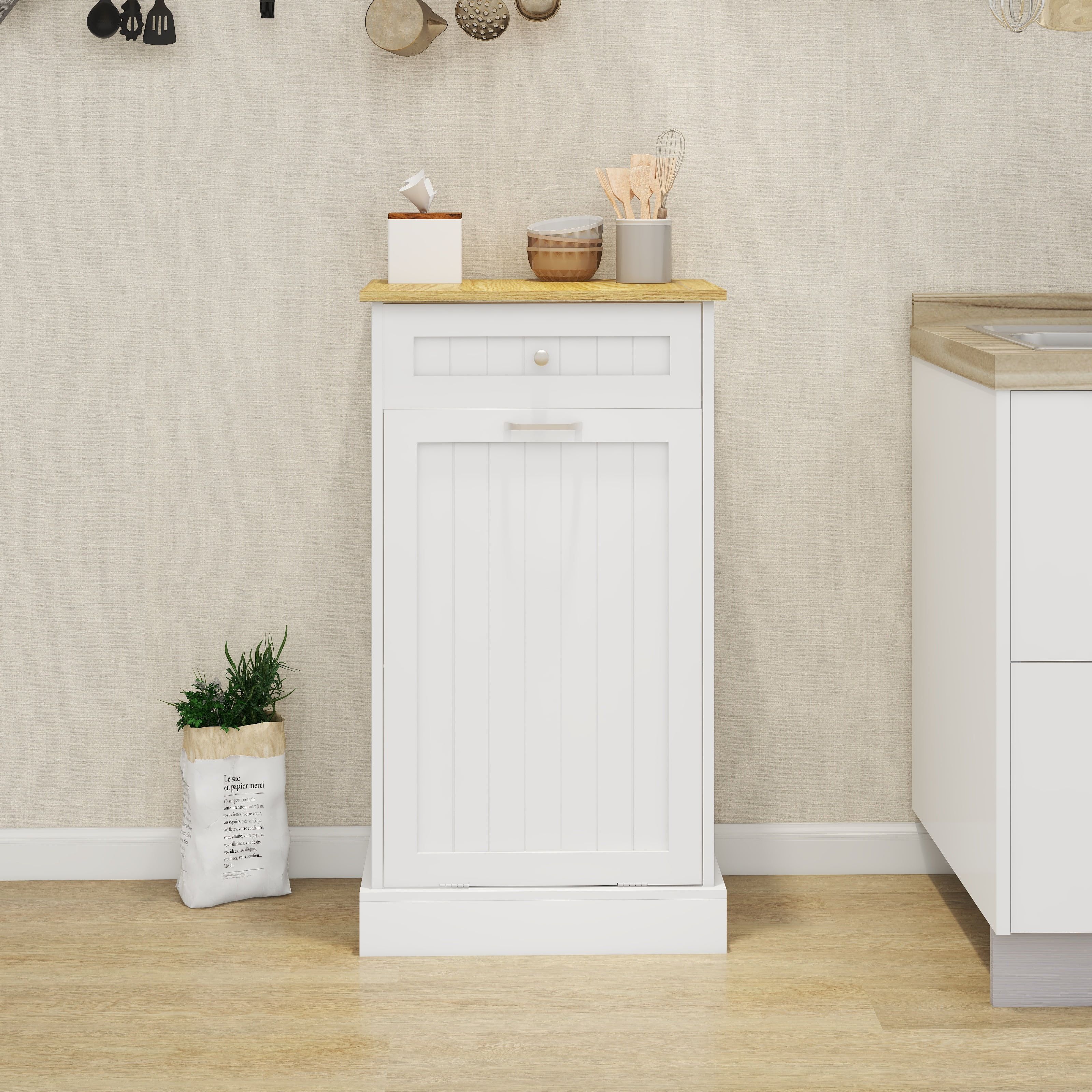 White Wooden 10 Gallon Pull-Out Trash Cabinet with Drawer