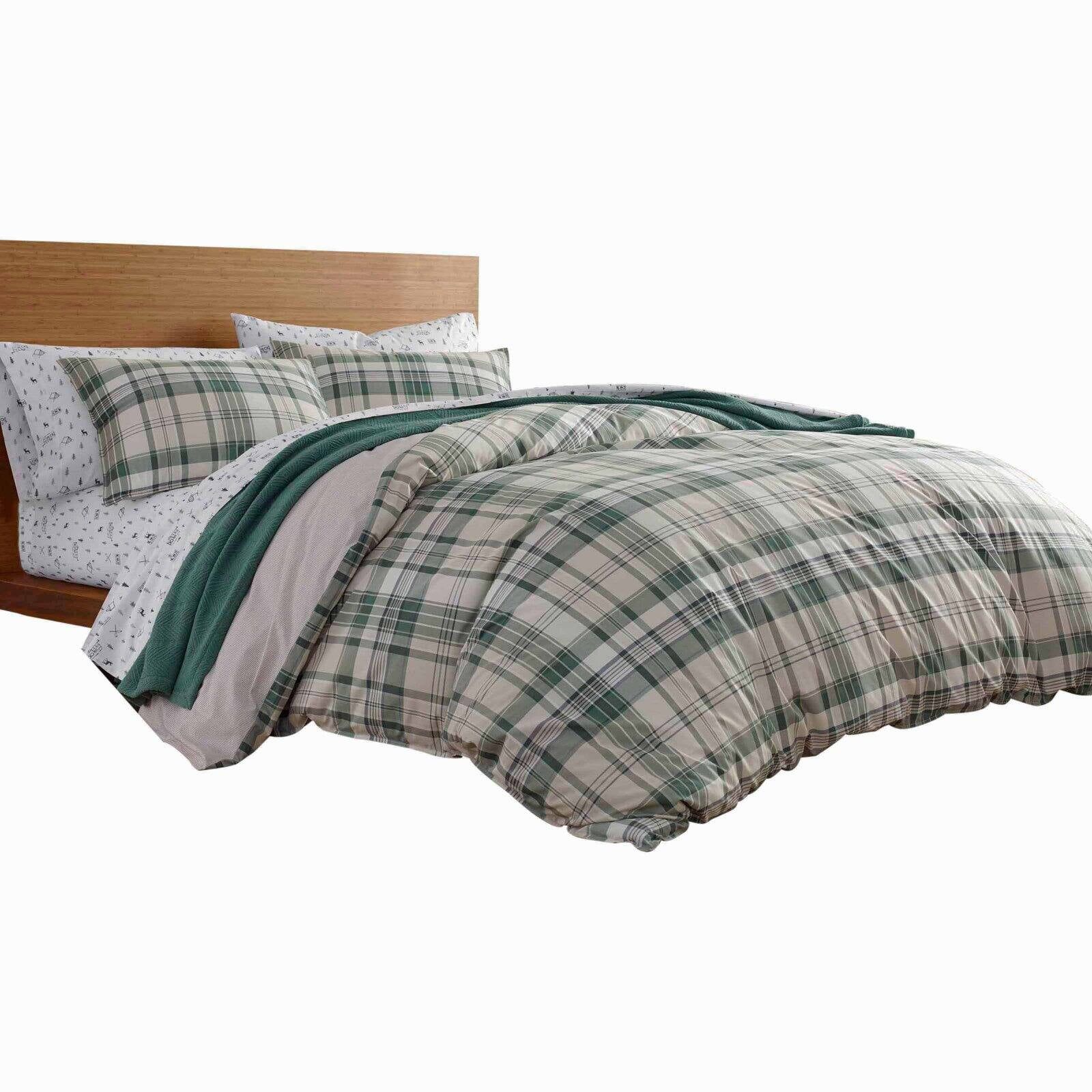 Full/Queen Green Plaid Cotton Duvet Cover Set