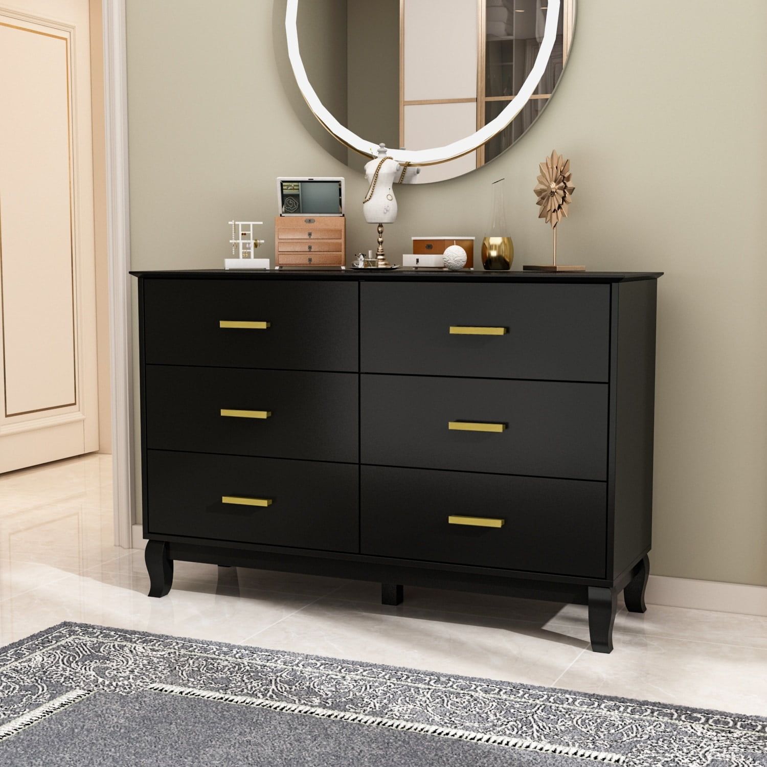 Black Pine Wood Double Dresser with Gold Handles