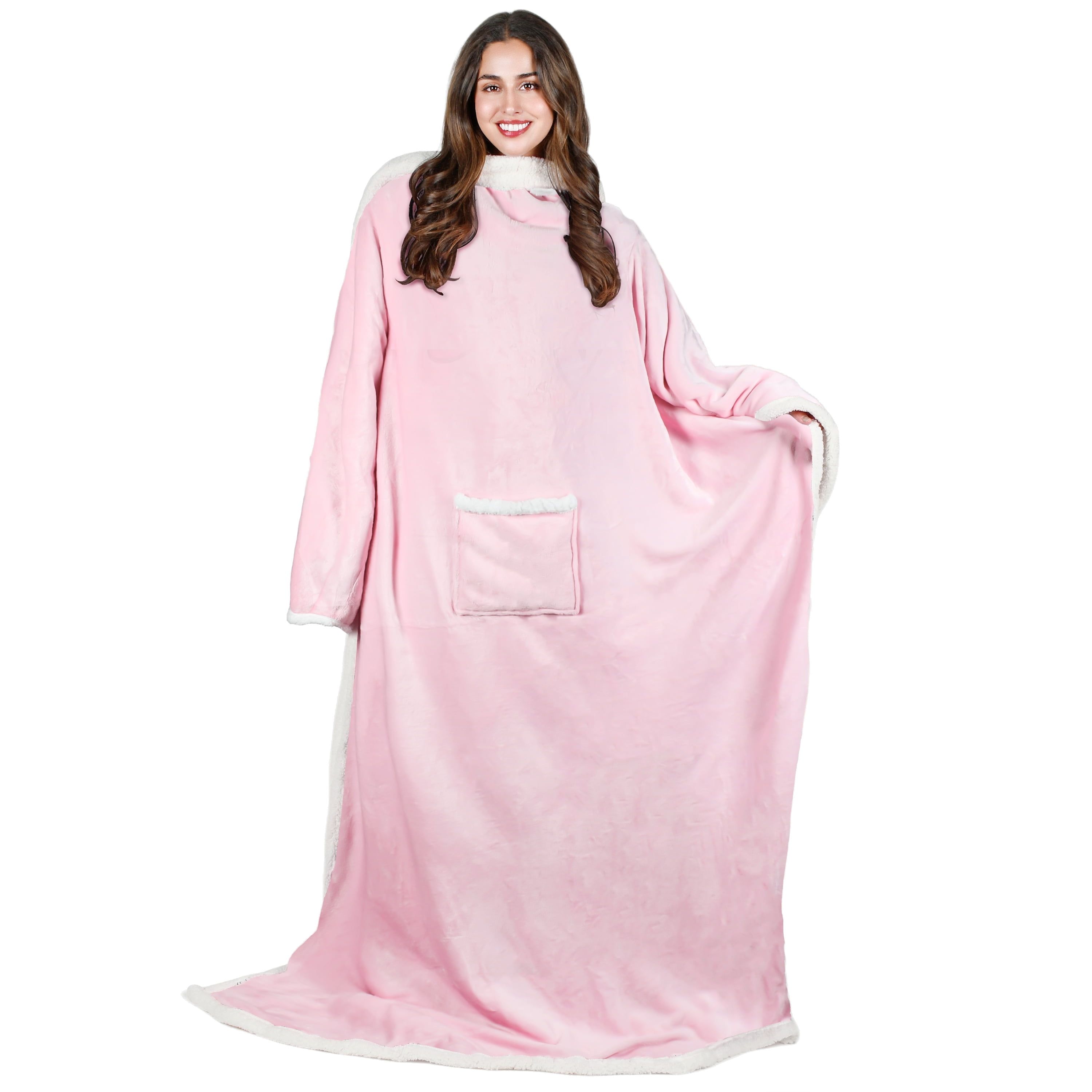 Pink Sherpa Fleece Wearable Blanket with Sleeves and Pocket