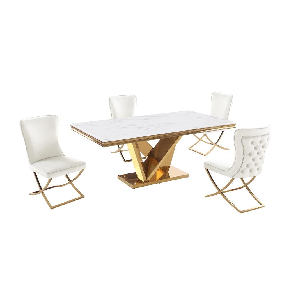 Titan White and Gold Faux Marble Dining Set with Velvet Chairs