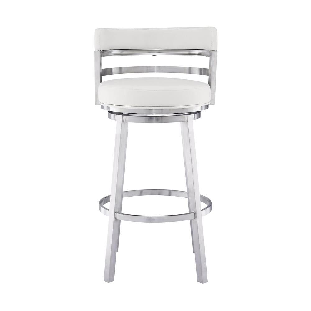 Luxe Swivel 26" White Faux Leather & Brushed Stainless Steel Barstool