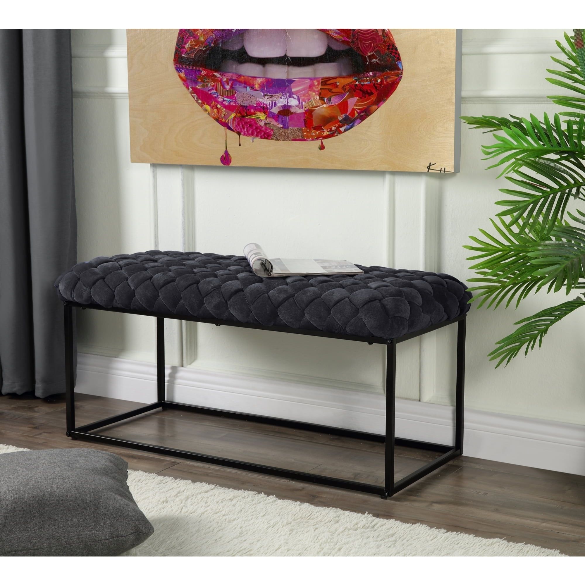 Tobias Black Velvet Woven Textured Bench with Sleek Metal Base