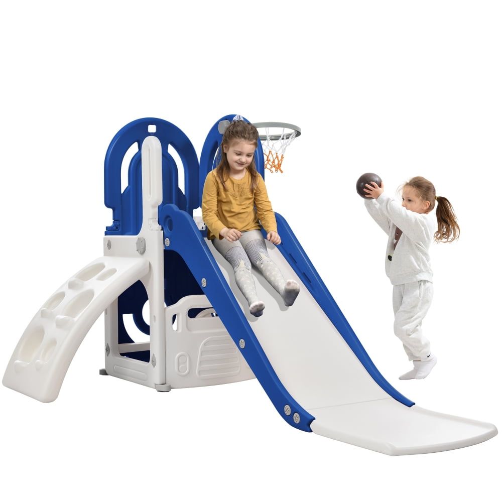 Blue and White 4-in-1 Toddler Climber Slide Set with Basketball Hoop