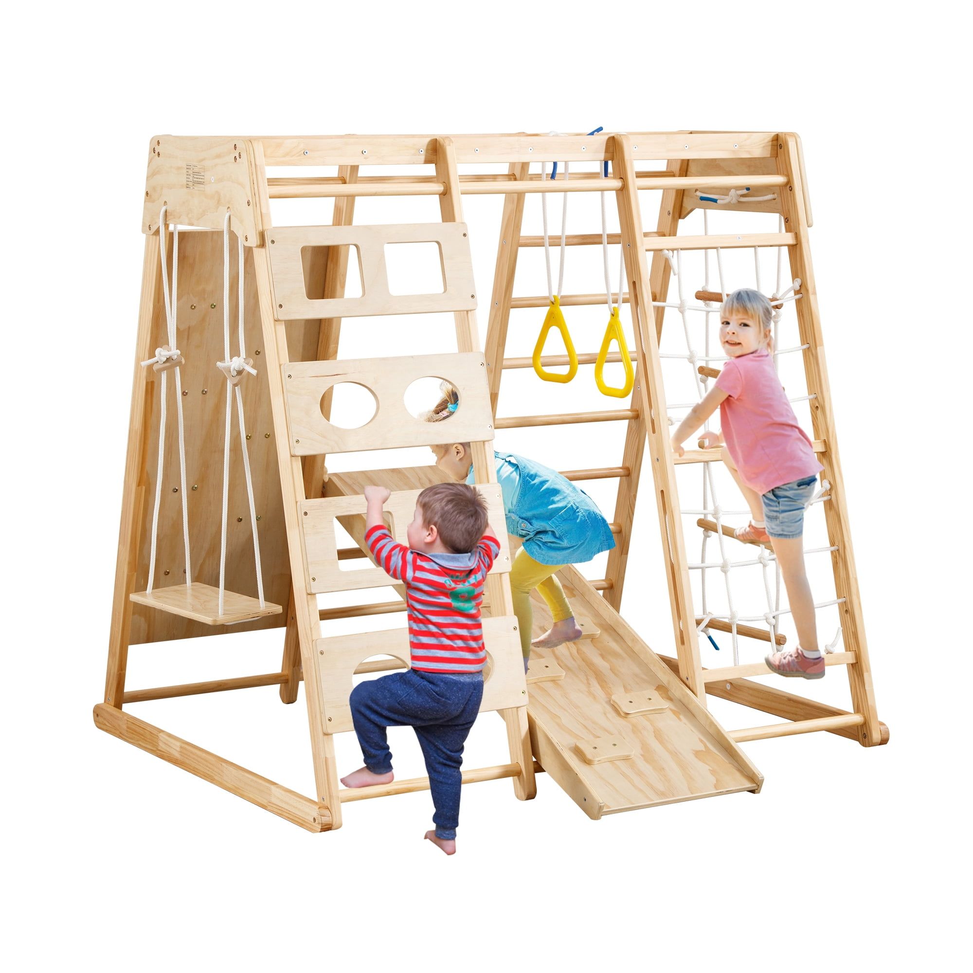 8-in-1 Pine Wood Indoor Jungle Gym with Slide and Swing