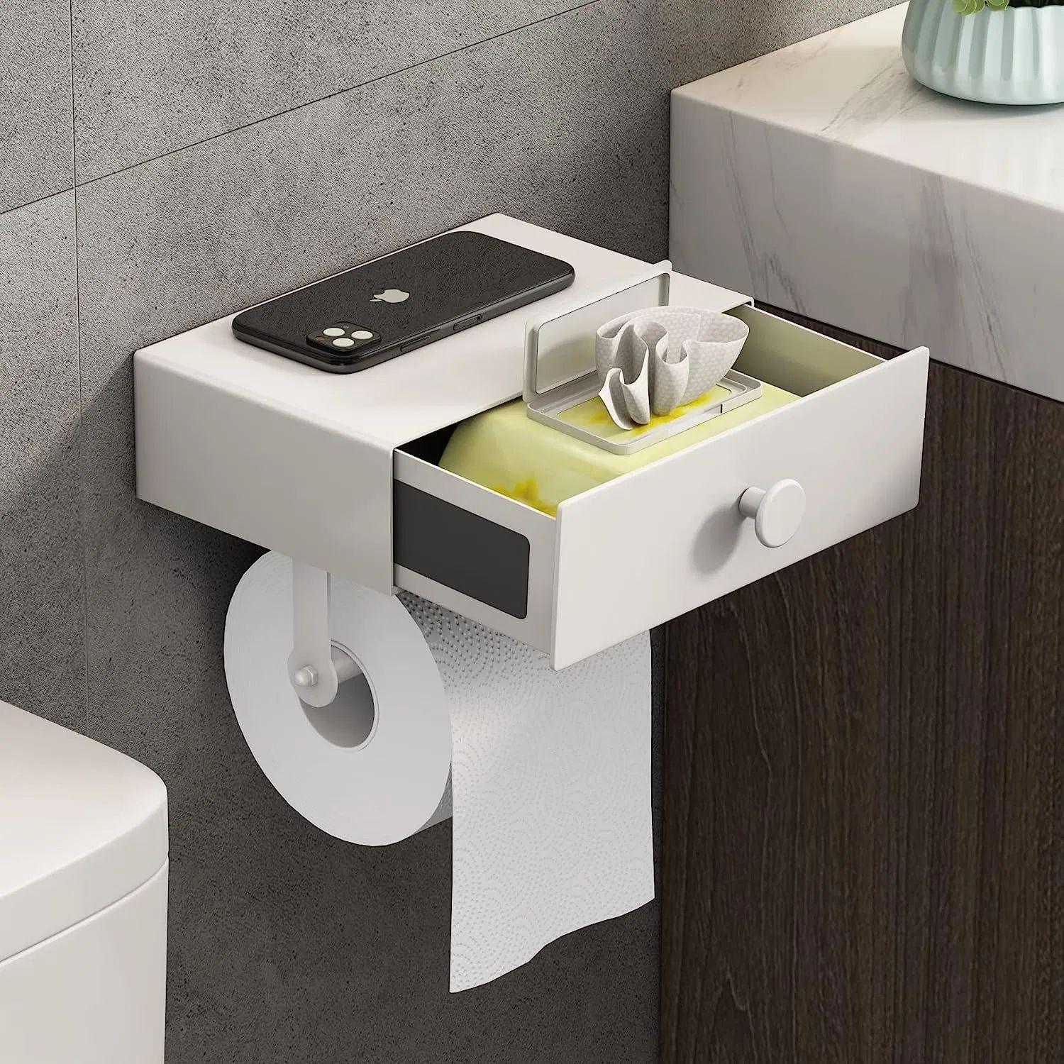 Matte White Wall-Mount Toilet Paper Holder with Storage Drawer and Shelf