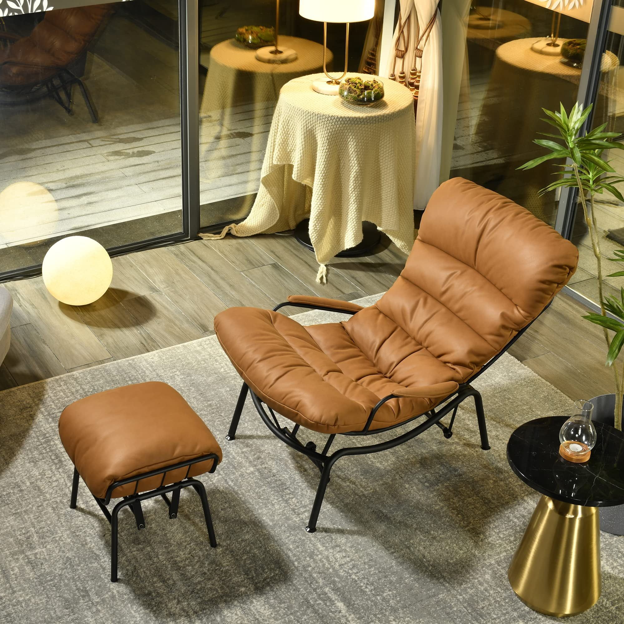 Brown Faux Leather Rocking Chair with Ottoman and Footrest