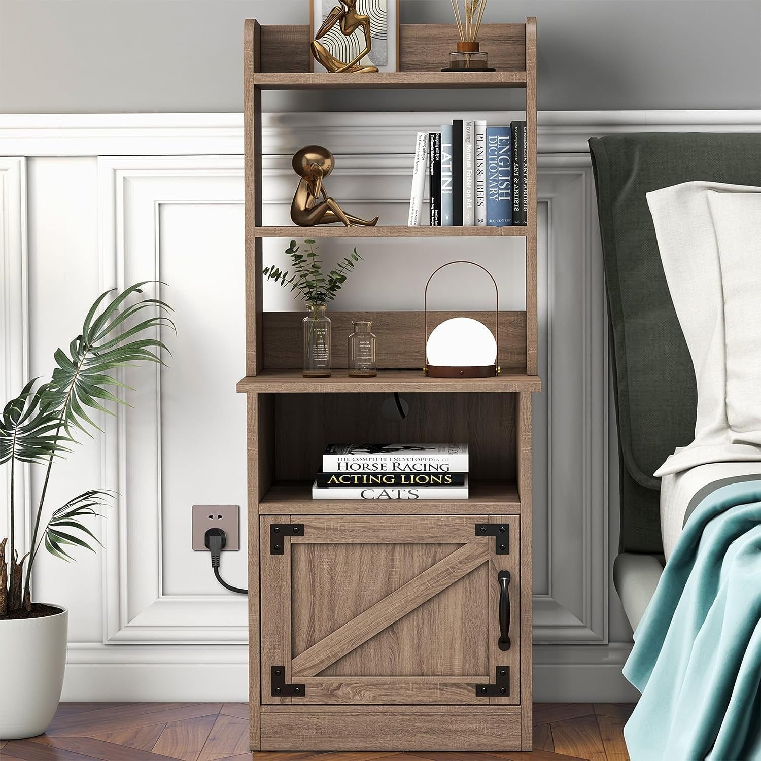 Tall Light-Brown Wood Nightstand with Bookshelf and Charging Station