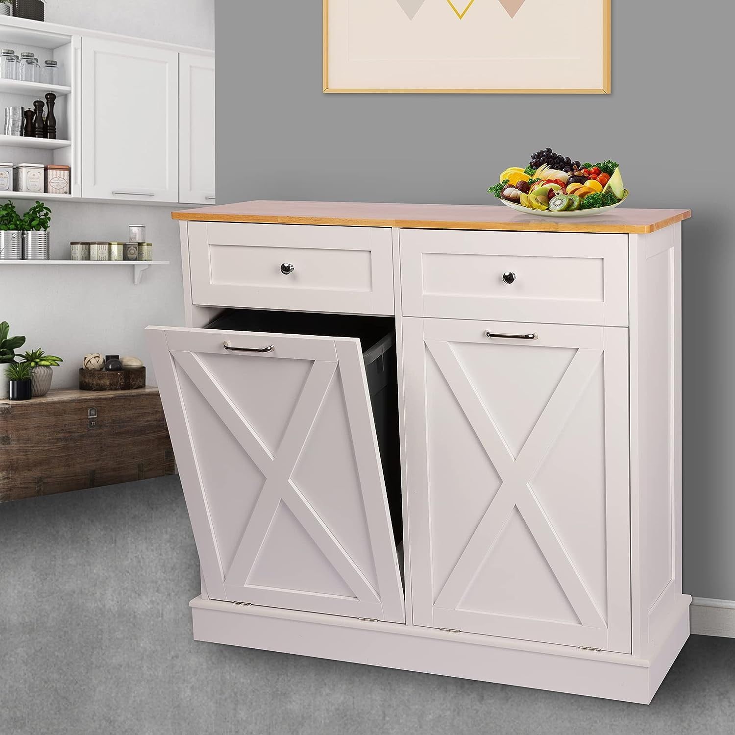 White Rubberwood Double Tilt-Out Kitchen Cabinet with Drawers