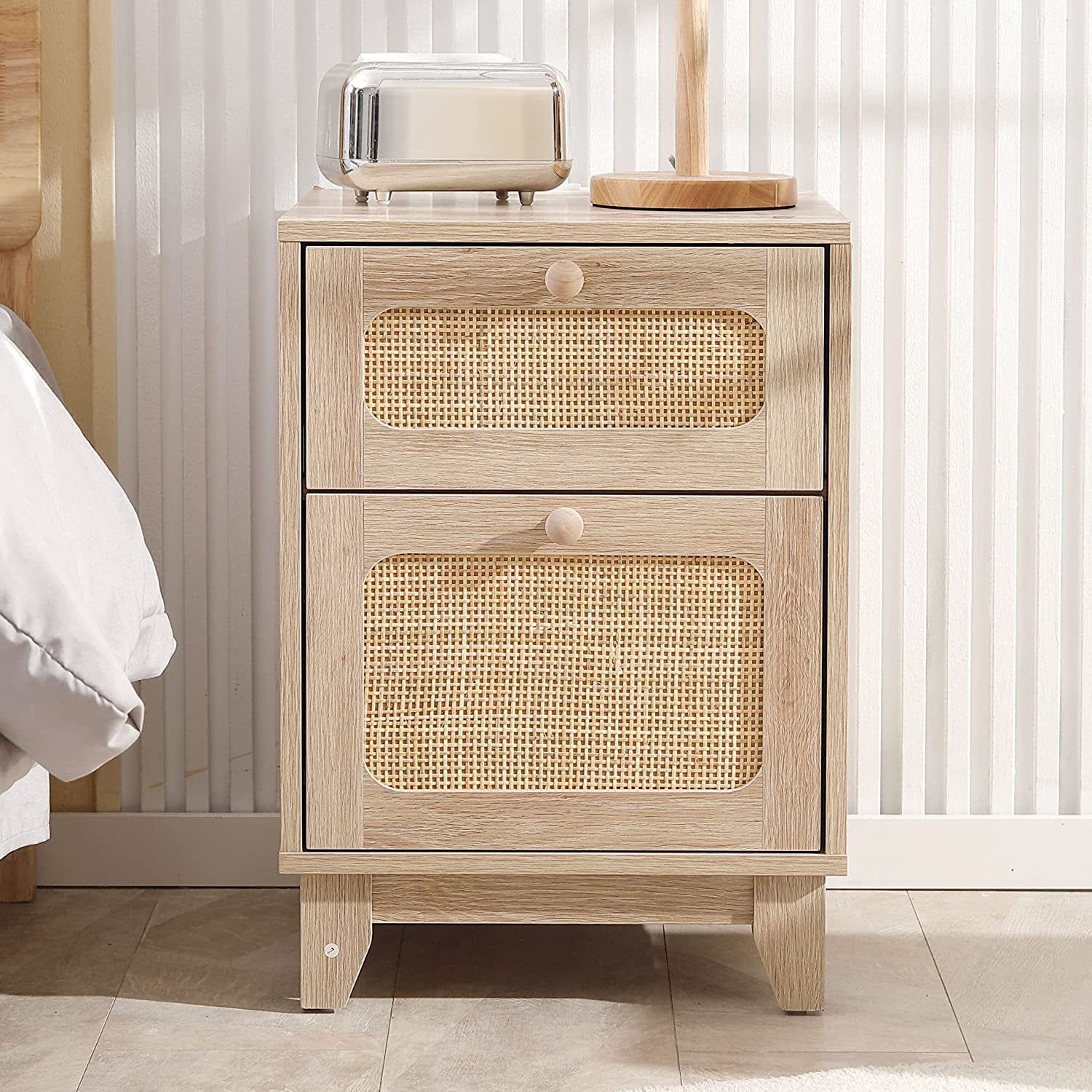 Natural Wood and Rattan 1-Drawer Nightstand