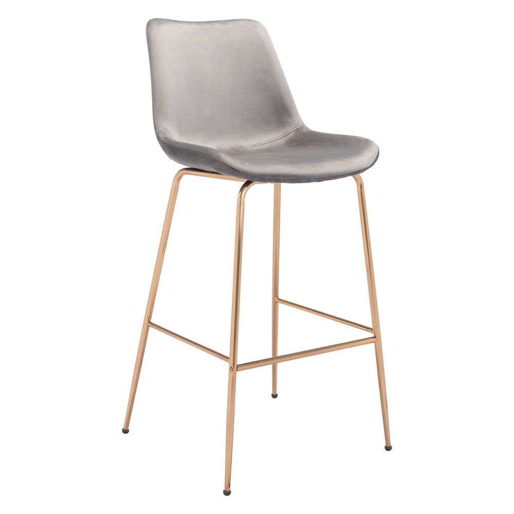 Contemporary Maximalist Velvet Bar Stool in Gray & Gold