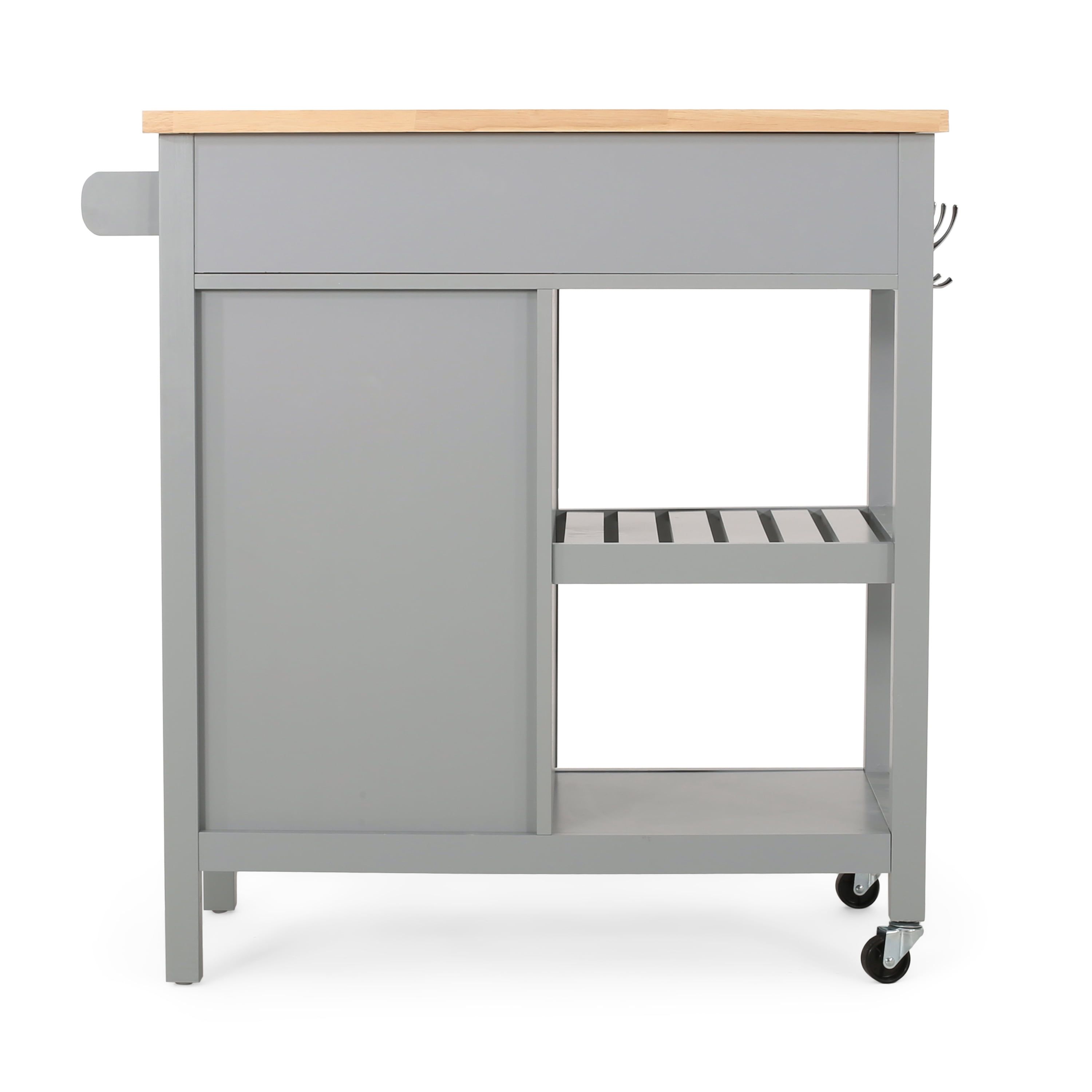 Gray Wood Kitchen Cart with Butcher Block Top and Storage