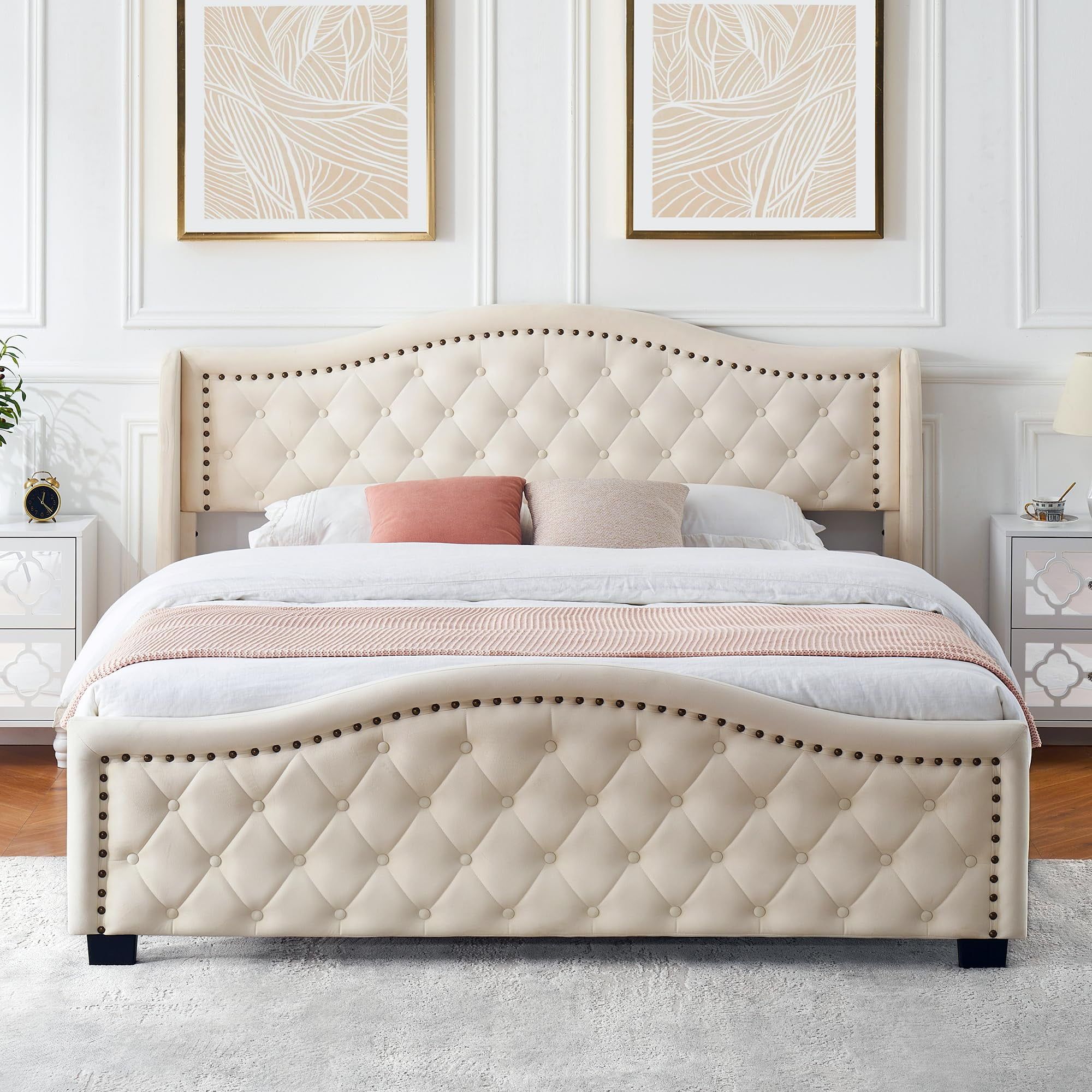 King Size Beige Upholstered Platform Bed with Tufted Headboard