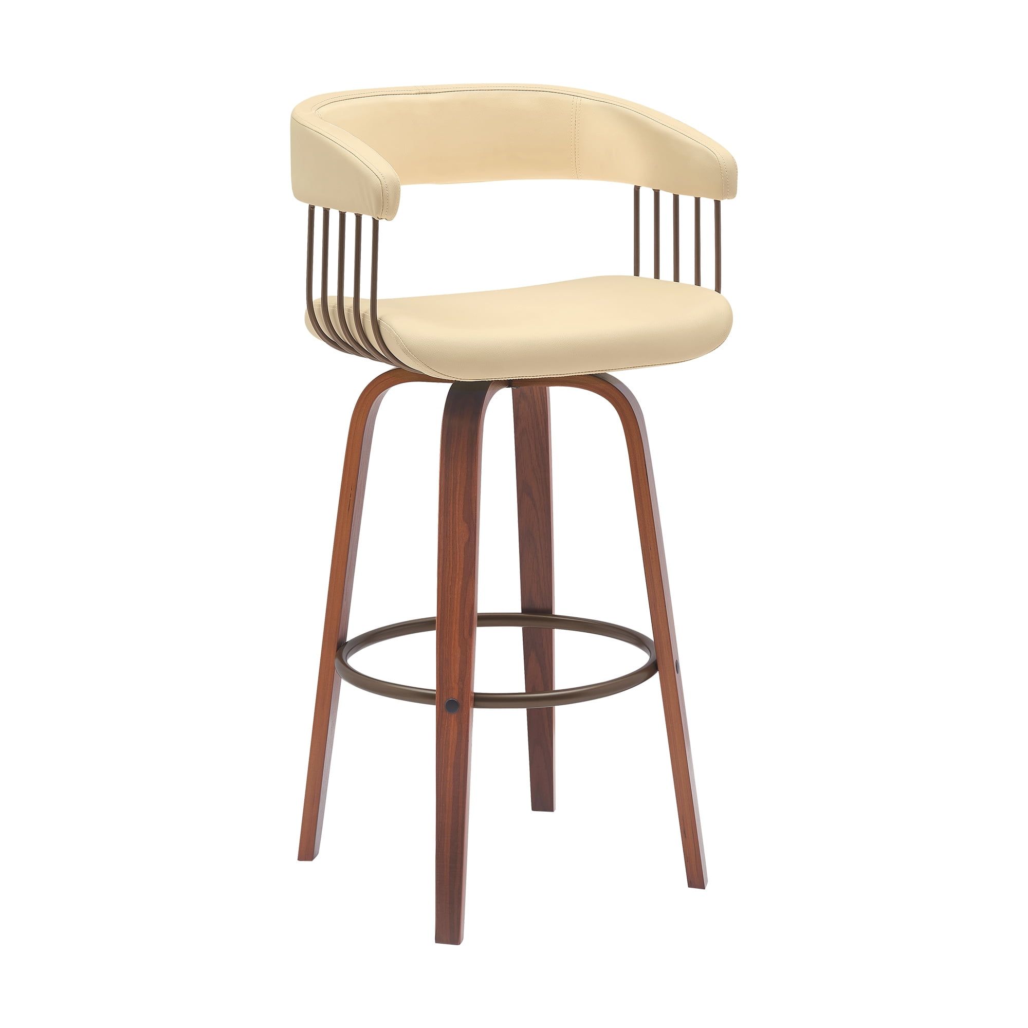 Topanga Cream Faux Leather Swivel Counter Stool with Walnut Wood and Bronze Metal