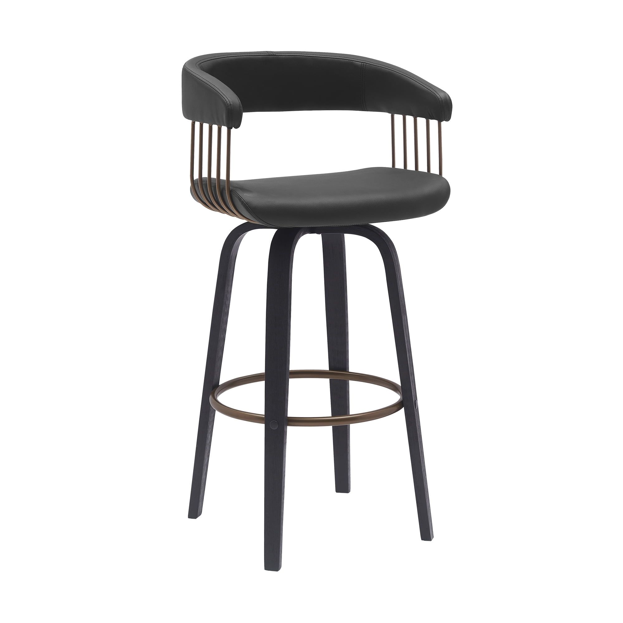 Adjustable Black Faux Leather Swivel Bar Stool with Walnut Wood