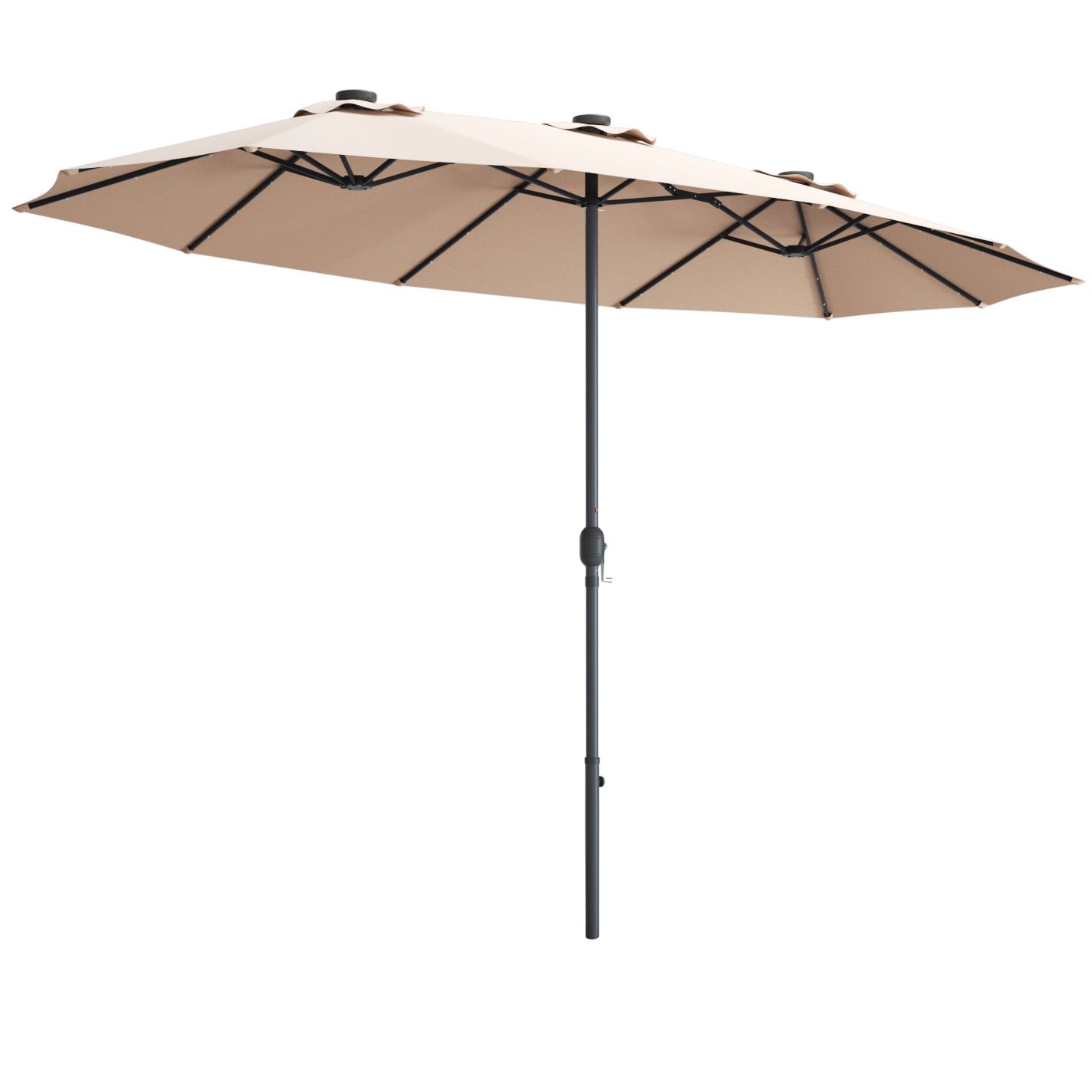 15' Beige Double-Sided Patio Umbrella with Solar LED Lights