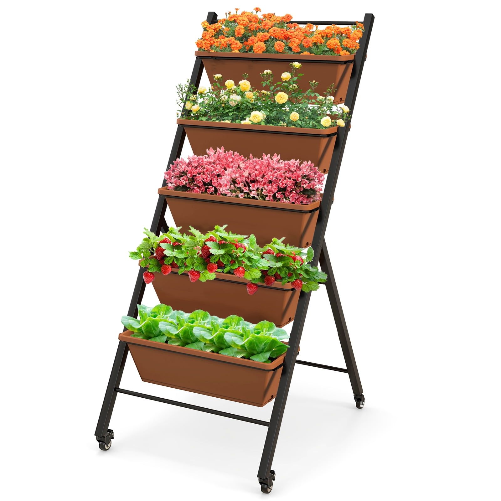 Brown Vertical Raised Garden Bed with Wheels and Drainage Holes