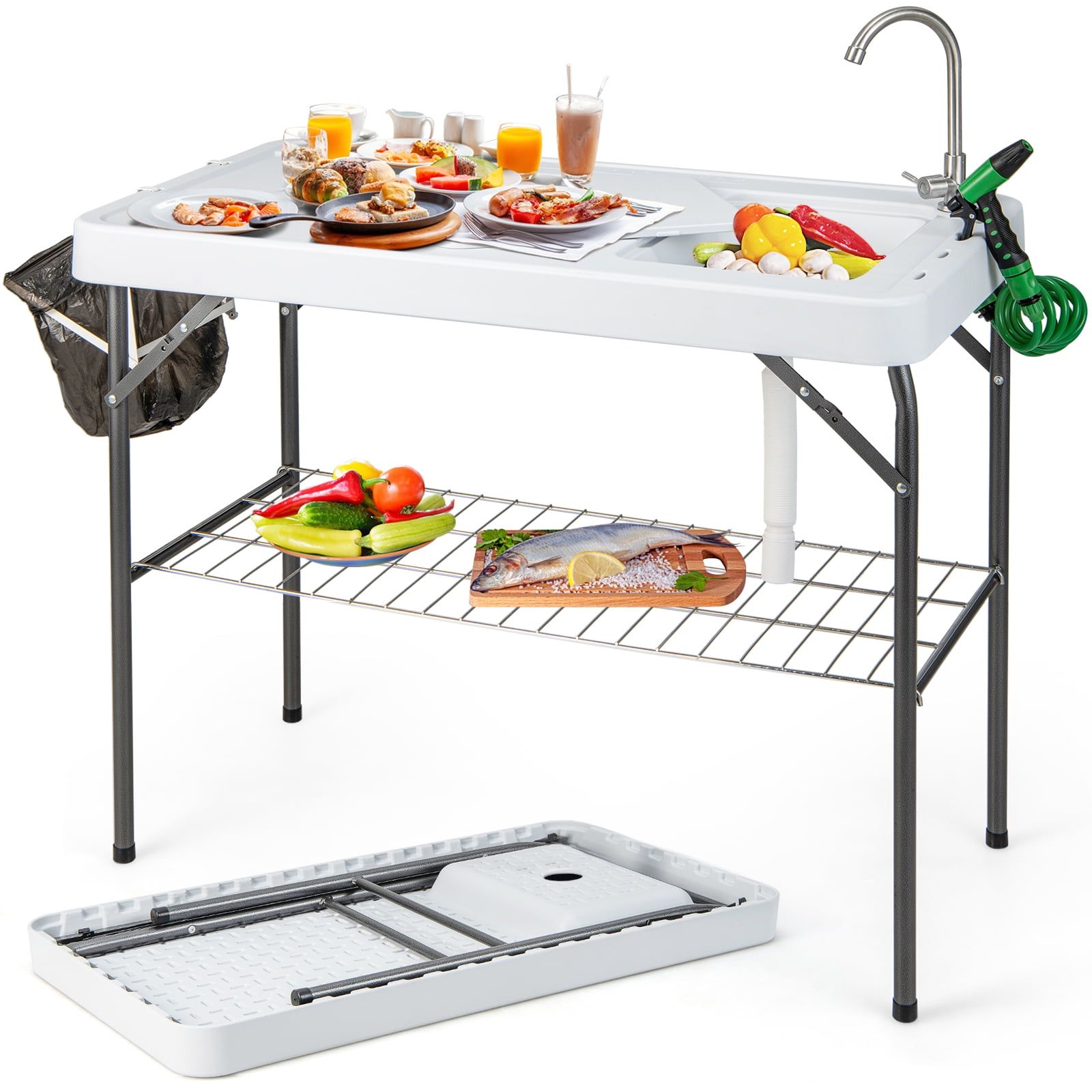 Portable Folding Fish Cleaning Table with Sink and Shelf