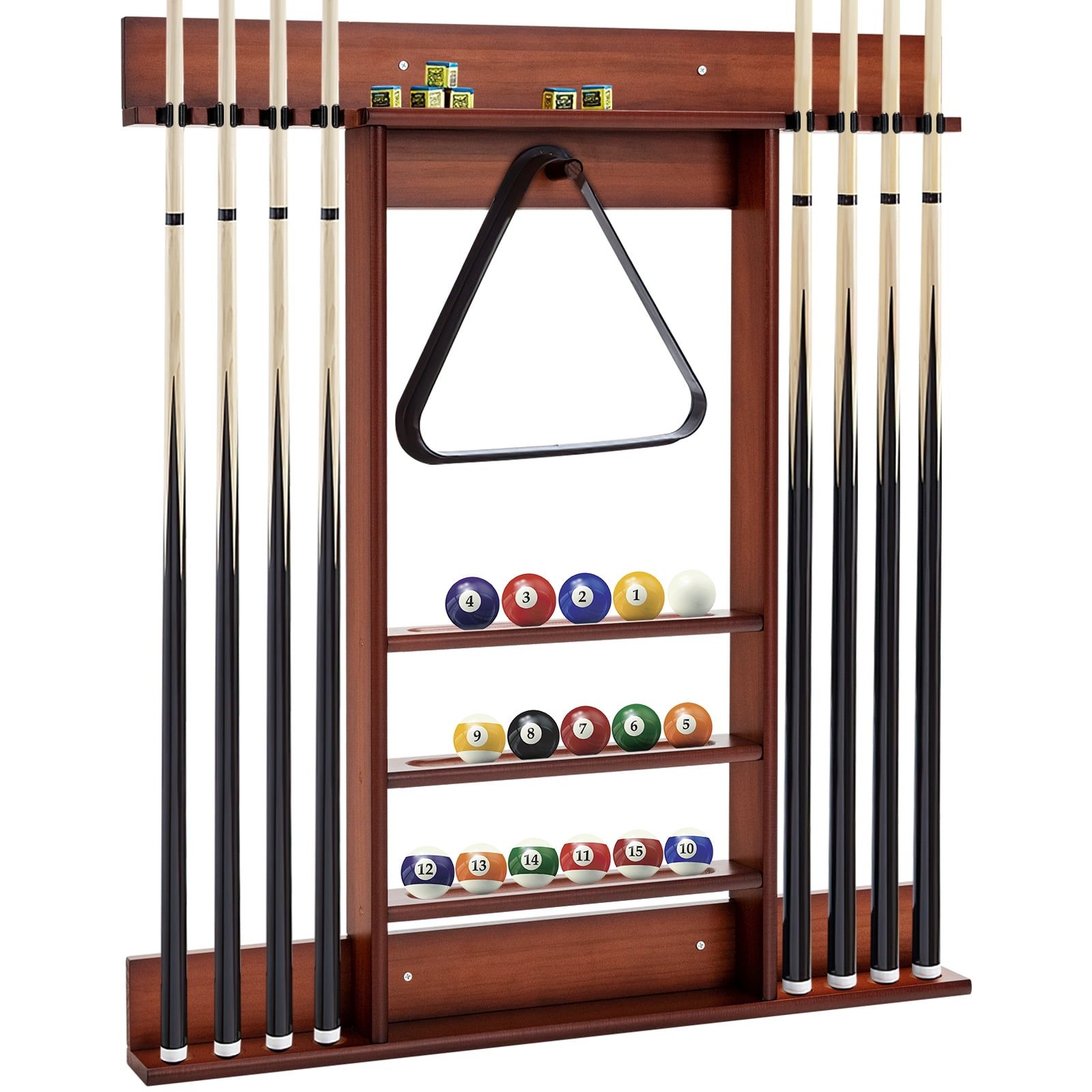 Brown Pine Wood Wall-Mounted Billiard Cue Rack with Storage