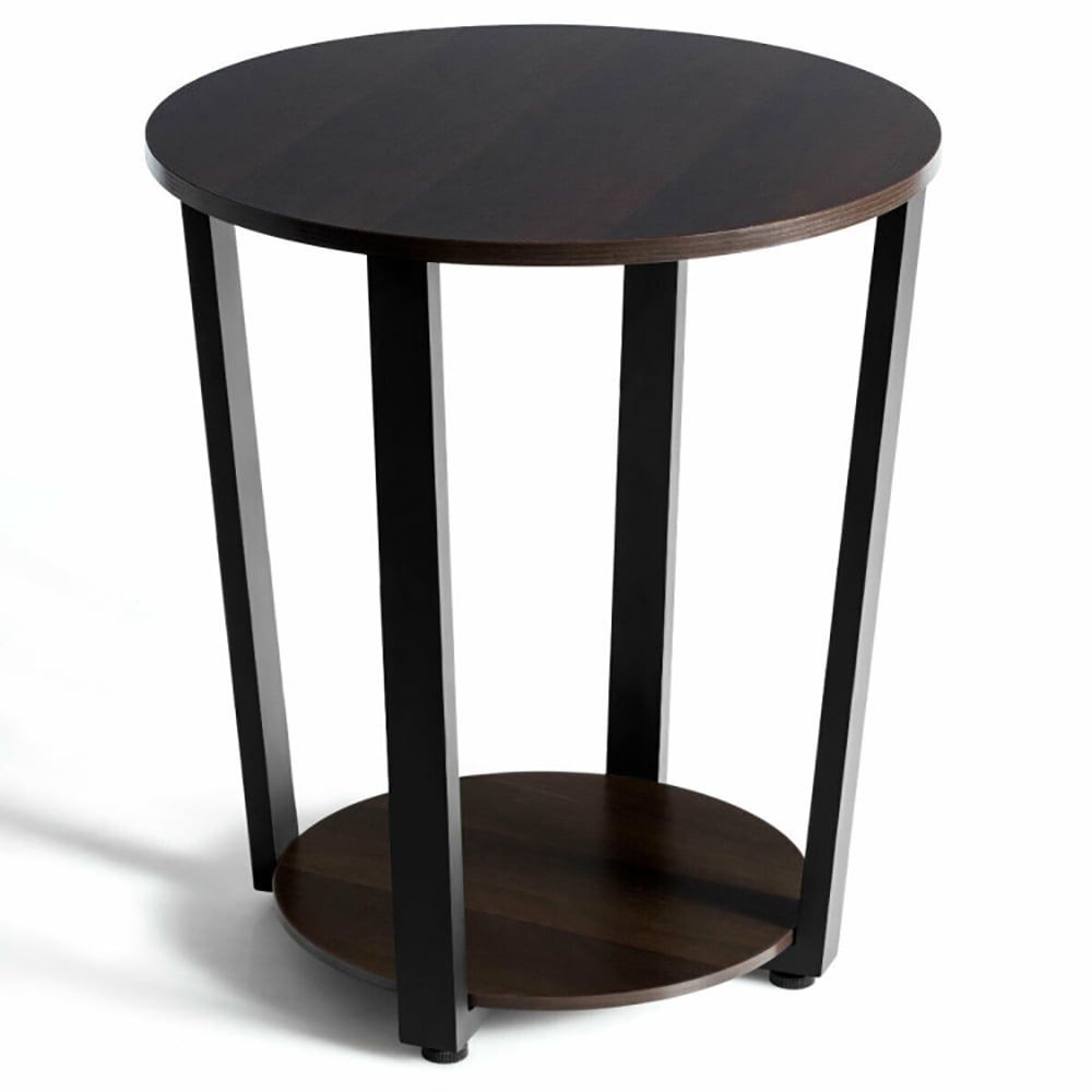 Walnut Round 2-Tier End Table with Metal Frame