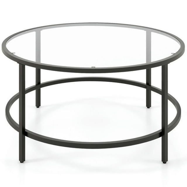 36'' Round Black Metal and Glass Coffee Table