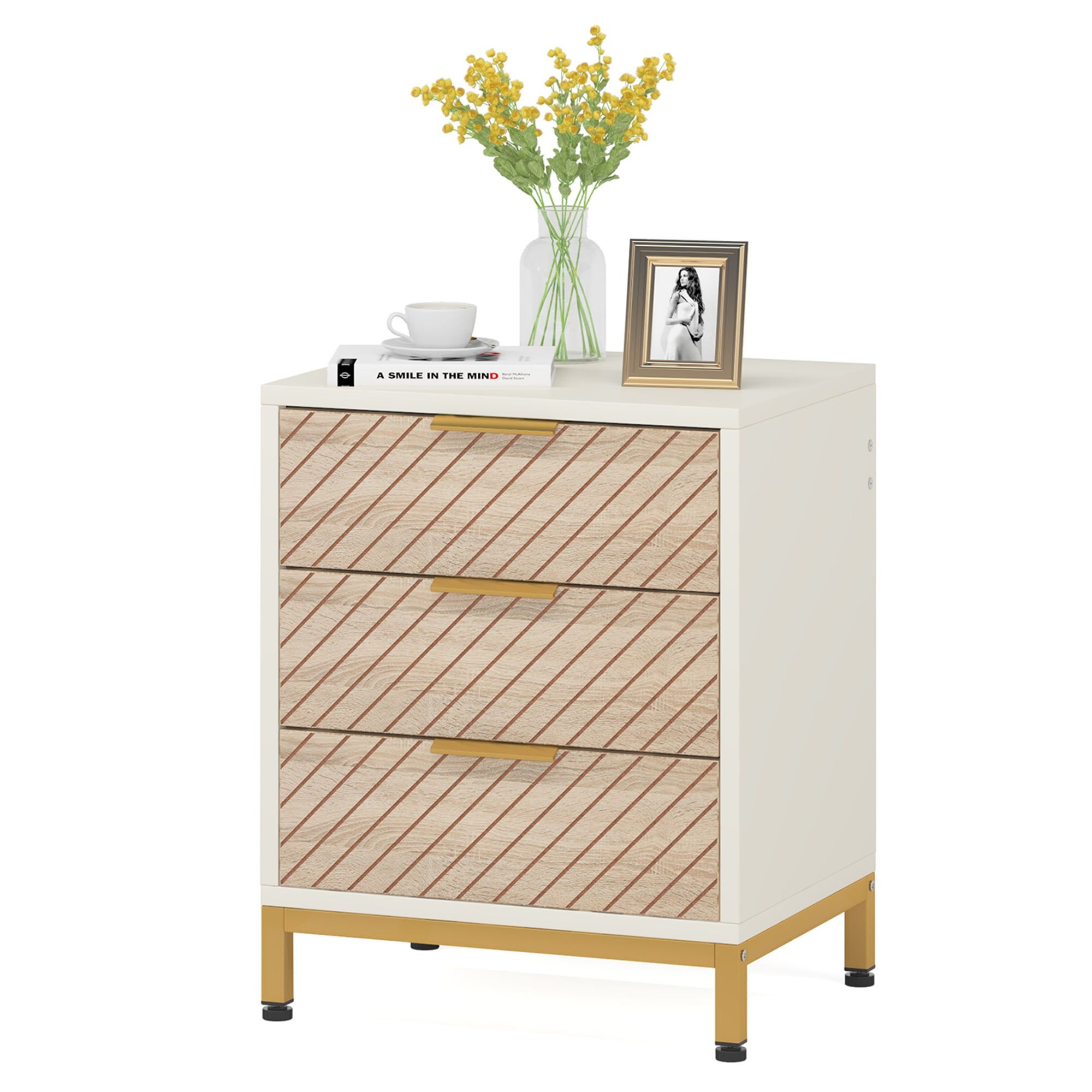 White and Gold Light Woodgrain 3-Drawer Nightstand