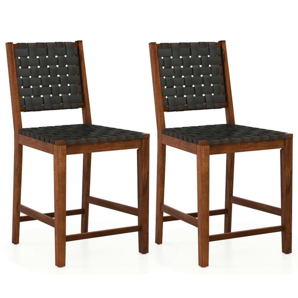 Set of 2 Black Woven Leather and Wood Counter Stools