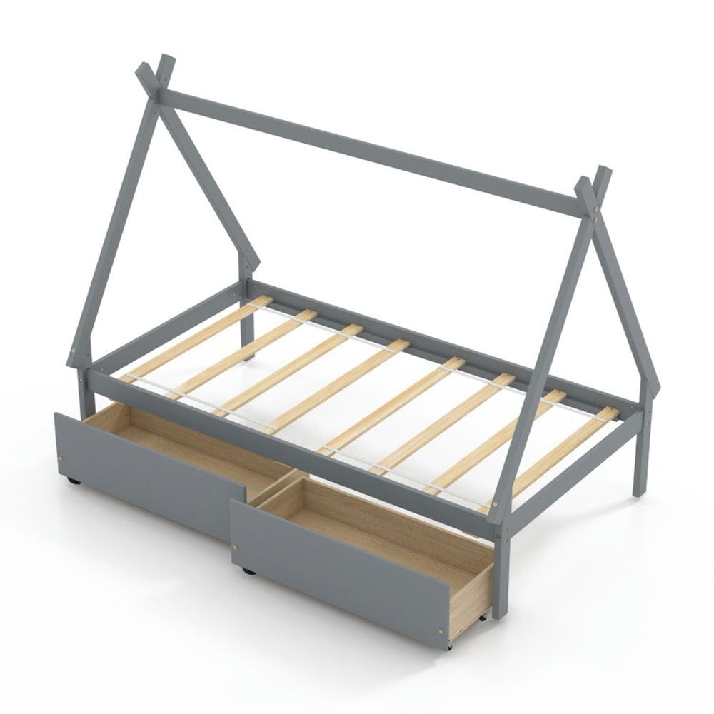 Gray Twin Size Wooden Tent Platform Bed with 2 Storage Drawers
