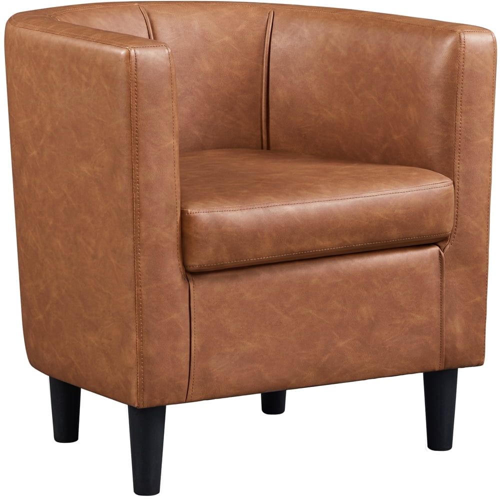 Brown Faux Leather Barrel Accent Chair with Metal Legs