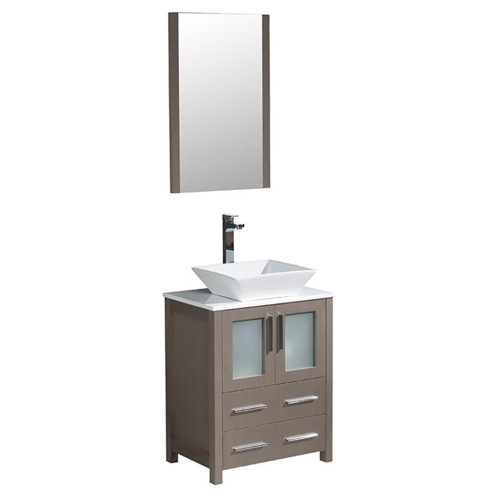 24" Gray Oak Modern Freestanding Vanity Set with Vessel Sink & Mirror