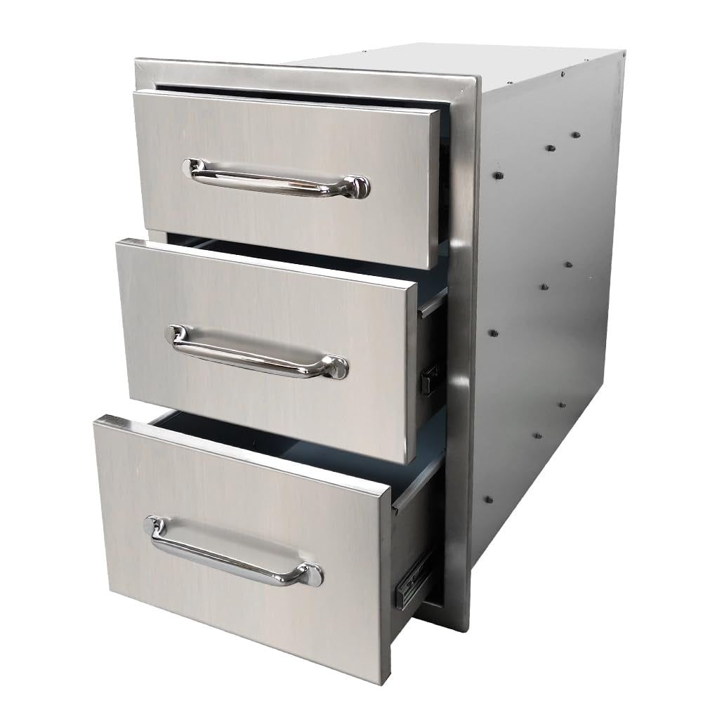 Stainless Steel Triple Access Outdoor Kitchen Drawers with Chrome Handles