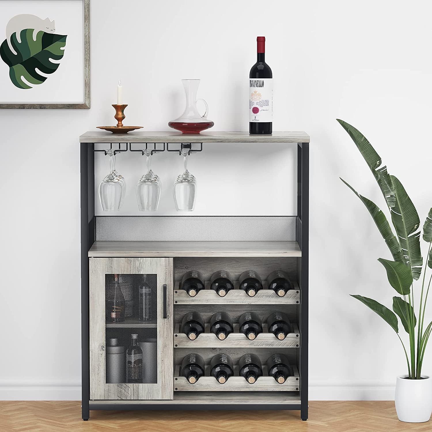 Rustic Gray Engineered Wood Wine Bar Cabinet with Mesh Door