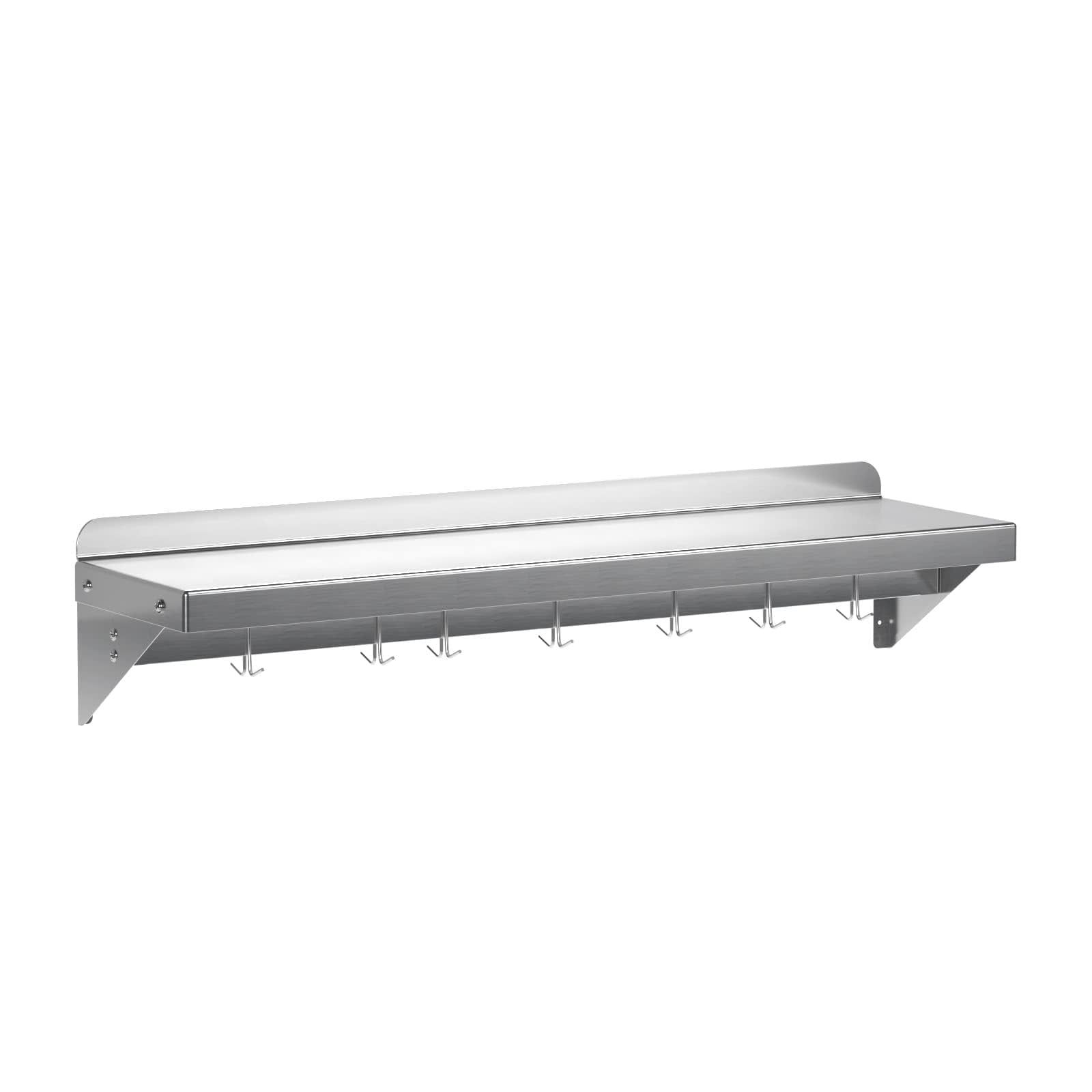 48" Stainless Steel Wall-Mounted Kitchen Shelf with Hooks