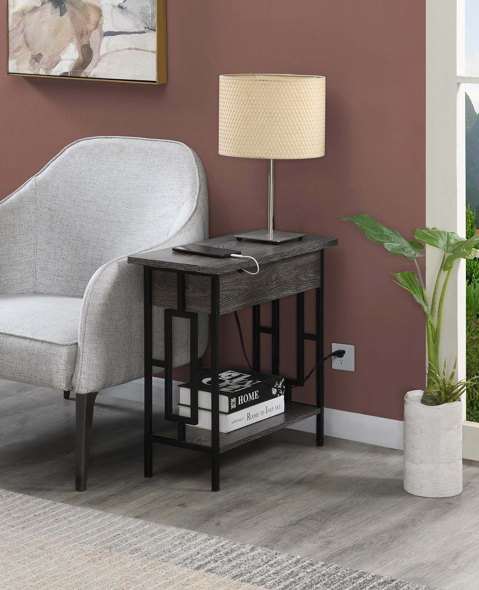 Weathered Gray and Black Wood-Metal End Table with Charging Station